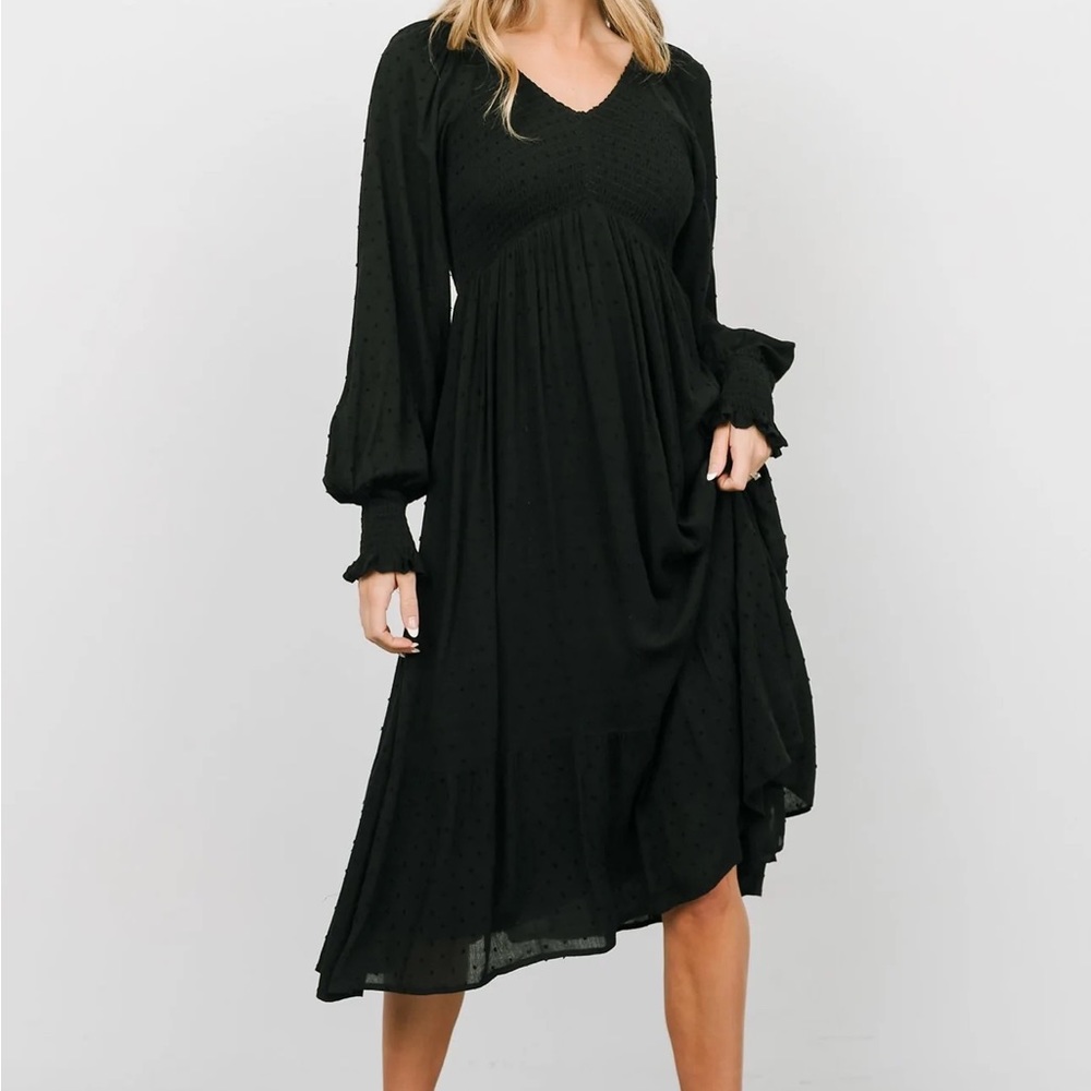 Baltic Born | Lainey Smocked Dotted Midi Dress | Black | Size 2X